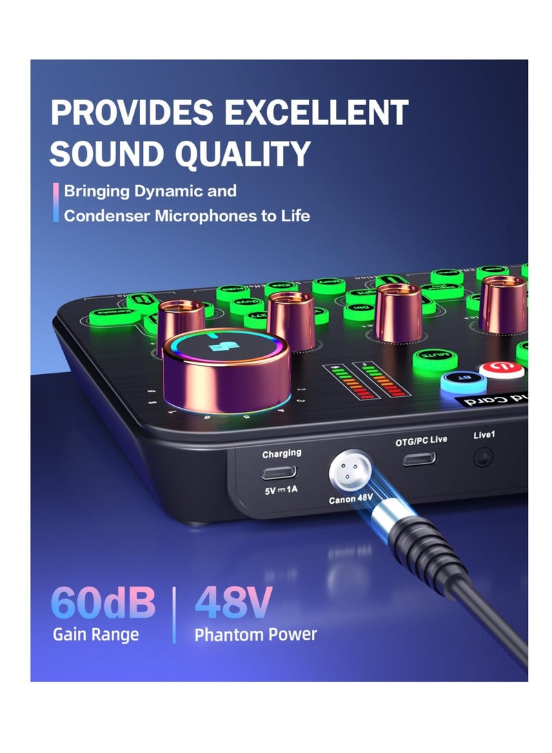 Excefore Gaming Audio Mixer, Streaming Audio Mixer, Audio Mixer, Audio Interface, 48V Phantom Power, for Live Streaming, Podcast Recording, Vocal, Game Voice, Youtube, TikTok, PC, Guitar - Image 2