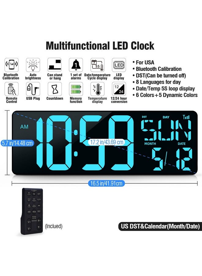 TXL 17.2" Large Digital Wall Clock Bluetooth Sync Time, LED Wall Clock with Date and Temperature, Count Up/Down Timer Clock with Remote Control, Adjustable Brightness Alarm Clock - Image 4
