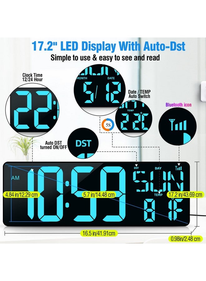 TXL 17.2" Large Digital Wall Clock Bluetooth Sync Time, LED Wall Clock with Date and Temperature, Count Up/Down Timer Clock with Remote Control, Adjustable Brightness Alarm Clock - Image 2