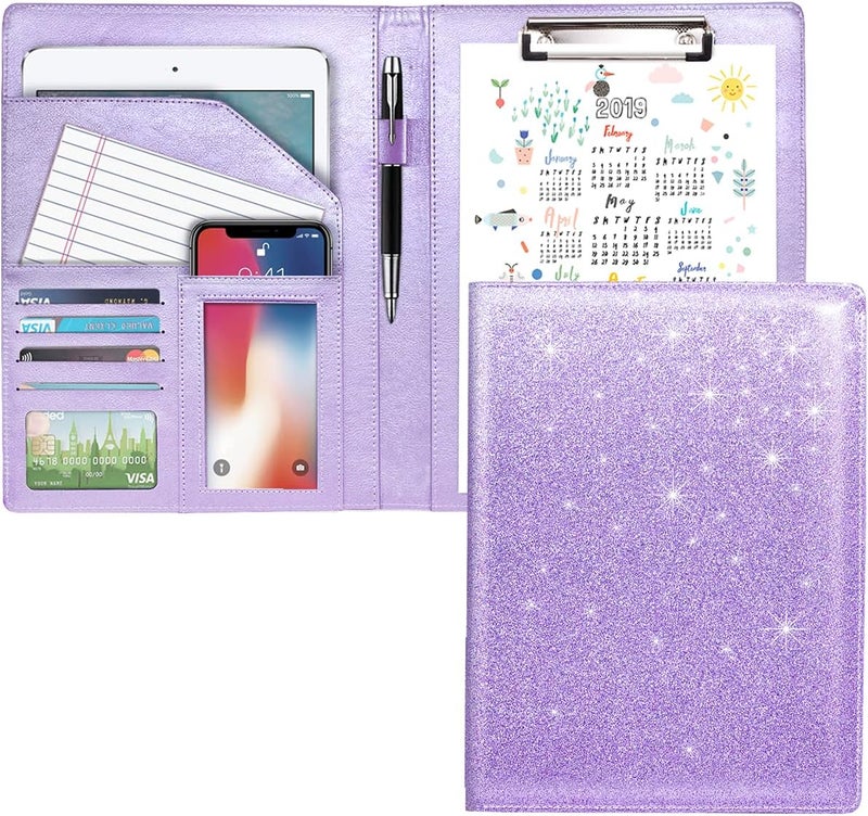 WAVEYU Padfolio/Resume Portfolio Folder for Women, Cute Pink Padfolio Cover Folder, Conference/Legal Document Organizer with Letter/A4 Size Clipboard, Document Sleeve,Glitter Purple - Image 1