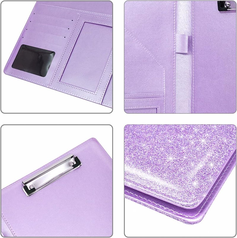 WAVEYU Padfolio/Resume Portfolio Folder for Women, Cute Pink Padfolio Cover Folder, Conference/Legal Document Organizer with Letter/A4 Size Clipboard, Document Sleeve,Glitter Purple - Image 4