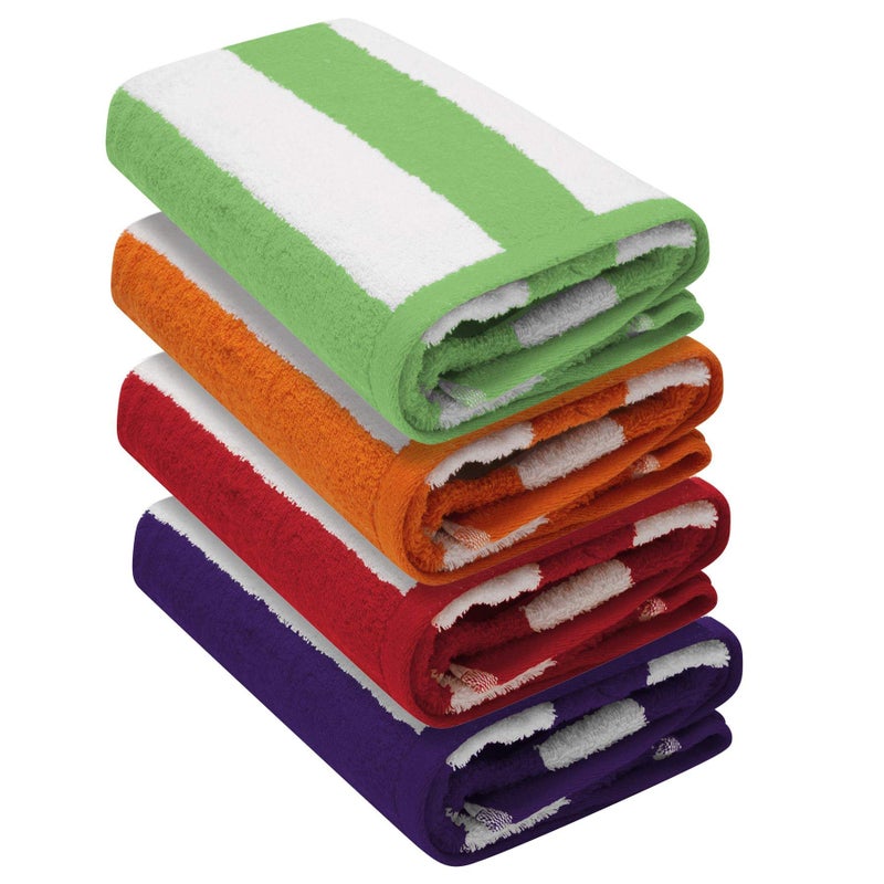 K Collection Cabana Stripe Beach Towel  Pack of 4 76 x 152 cm  100 Ringspun Cotton Heavy Weight 450 GSM  Highly Absorbent Red Purple Green  Orange Colour Pack