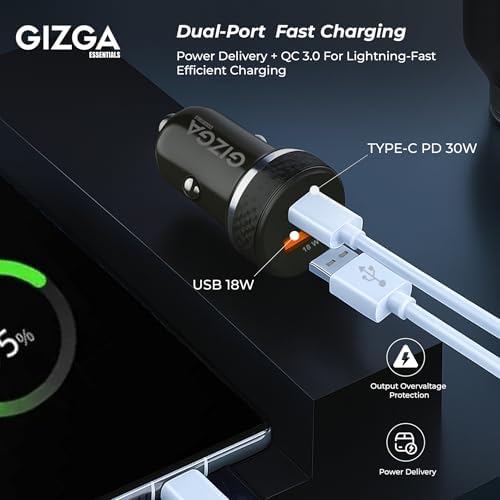 Gizga Essentials Gizga Essential 48W Dual Port Car Charger with PD Type-C & USB-A, Overvoltage & Temperature Protection | Compact Portable Car Adapter for iPhone, Android, Smartwatch, Earbud & Power Bank (Black) - Image 2