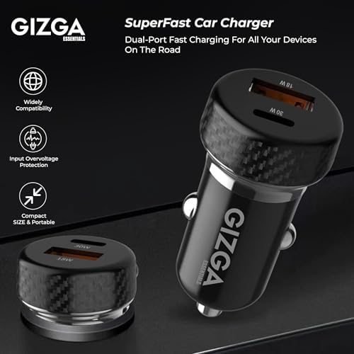 Gizga Essentials Gizga Essential 48W Dual Port Car Charger with PD Type-C & USB-A, Overvoltage & Temperature Protection | Compact Portable Car Adapter for iPhone, Android, Smartwatch, Earbud & Power Bank (Black) - Image 3