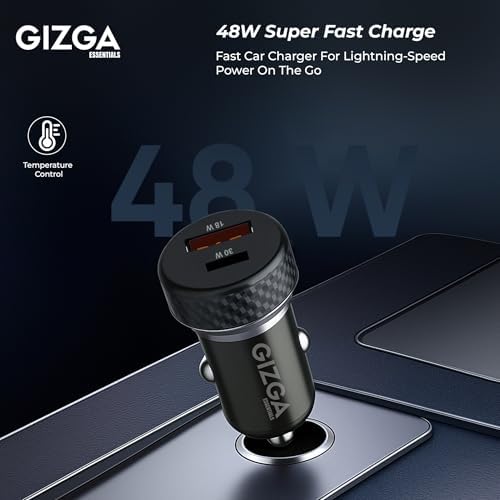 Gizga Essentials Gizga Essential 48W Dual Port Car Charger with PD Type-C & USB-A, Overvoltage & Temperature Protection | Compact Portable Car Adapter for iPhone, Android, Smartwatch, Earbud & Power Bank (Black) - Image 4