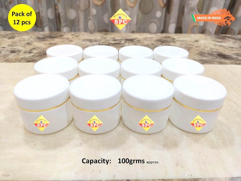 SPC Empty Plastic White Cosmetic Jar Container with Golden Streaks lid for Lip Balms, Body Butters, Cream, Scrub and Other DIY Beauty Products/Concoctions (100 GMS) (Pack of 12) - Image 2