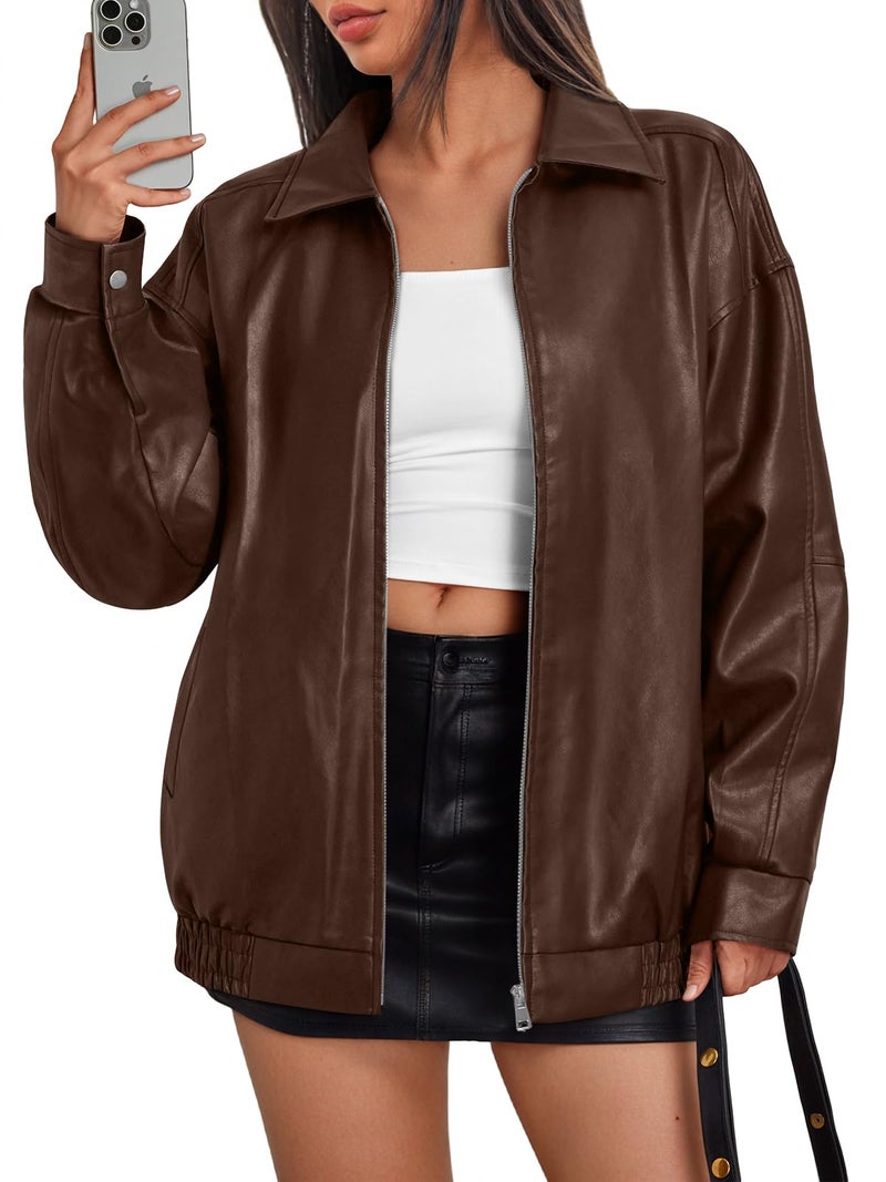 Trendy Queen Womens Leather Jackets Oversized Faux Motorcycle Plus Size Moto Biker Coat Fall Outfits Fashion Clothes 2025 Brown M