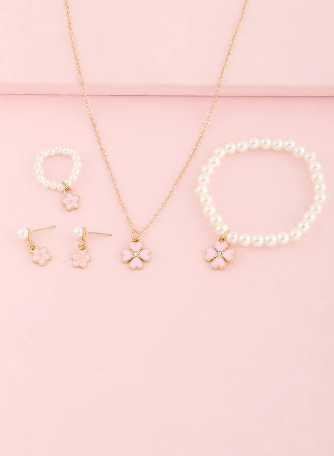 Take Two  Girls Pink Clover Charm and Pearl Necklace, Bracelet, Ring and Earrings Set for Women | Best Price UAE