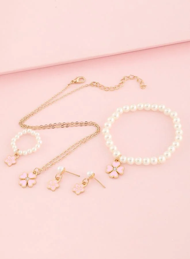 Take Two  Girls Pink Clover Charm and Pearl Necklace, Bracelet, Ring and Earrings Set for Women | Best Price UAE
