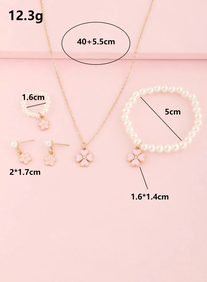 Take Two  Girls Pink Clover Charm and Pearl Necklace, Bracelet, Ring and Earrings Set for Women | Best Price UAE