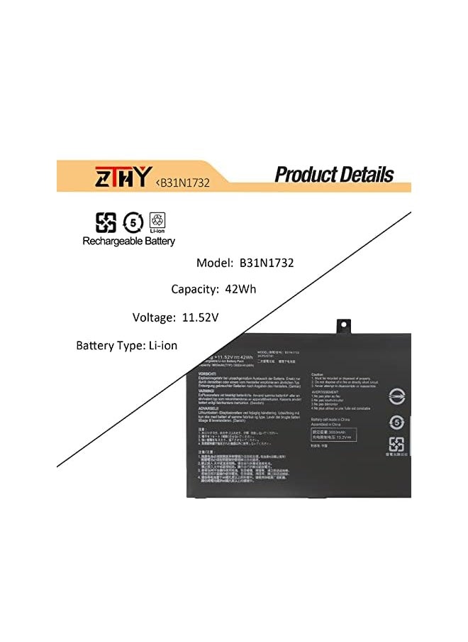 ZTHY - 42Wh B31N1732 Laptop Battery Replacement For Asus Vivobook S14 S430Fa S430Fn S430Ua S430Uf S430Un X430Fa X430Fn X430Uf X430Un B31Bi9H 0B200-02960000 0B200-02960400 - Image 1