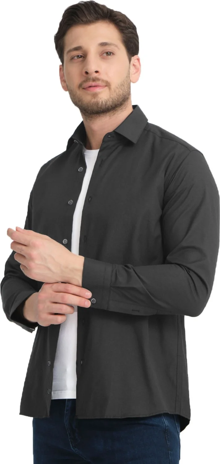 فاريتا Men's Lead Gray Plain No Pocket Wide Cut Long Sleeve Shirt