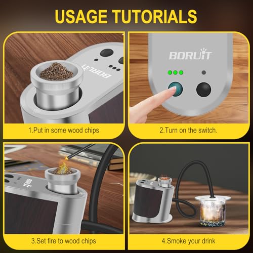 BORUIT Cocktail Smoker Kit Rechargeable-Adjustable Smoking Gun with 3 Settings,Auto Shut Off and 4 Flavors Wood Chips with smoked old fashioned kit - Whiskey Gifts for Men, Dad, Husband(White) - Image 3