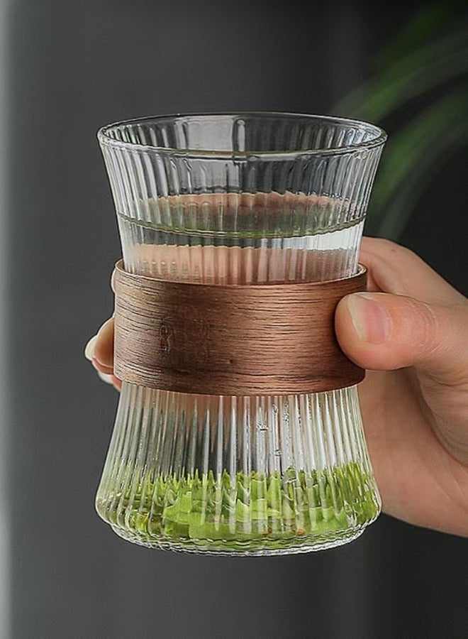 Glass Coffee Cup 6PCS With Heat Insulation Wood Chips ,Juice Cup Milk Cup ,Mousse Mug 280mL ,Vertical Stripes for Water Tea Cup Drink  - Image 3