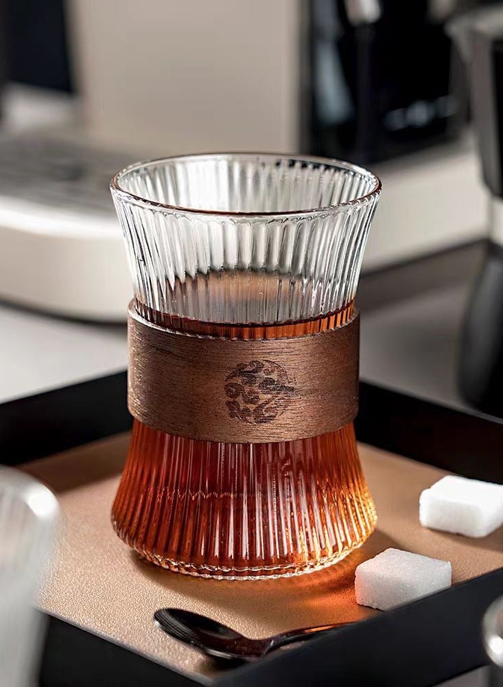Glass Coffee Cup 6PCS With Heat Insulation Wood Chips ,Juice Cup Milk Cup ,Mousse Mug 280mL ,Vertical Stripes for Water Tea Cup Drink  - Image 2