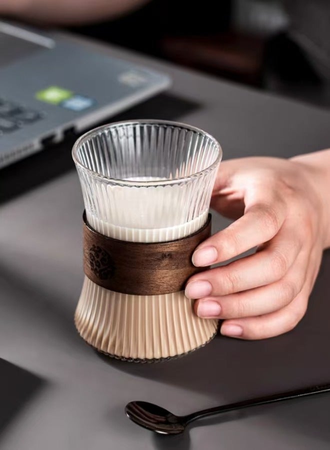 Glass Coffee Cup 6PCS With Heat Insulation Wood Chips ,Juice Cup Milk Cup ,Mousse Mug 280mL ,Vertical Stripes for Water Tea Cup Drink  - Image 4