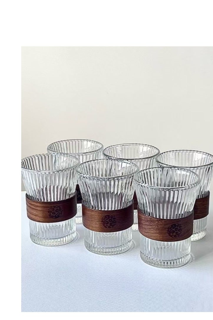 Glass Coffee Cup 6PCS With Heat Insulation Wood Chips ,Juice Cup Milk Cup ,Mousse Mug 280mL ,Vertical Stripes for Water Tea Cup Drink  - Image 1