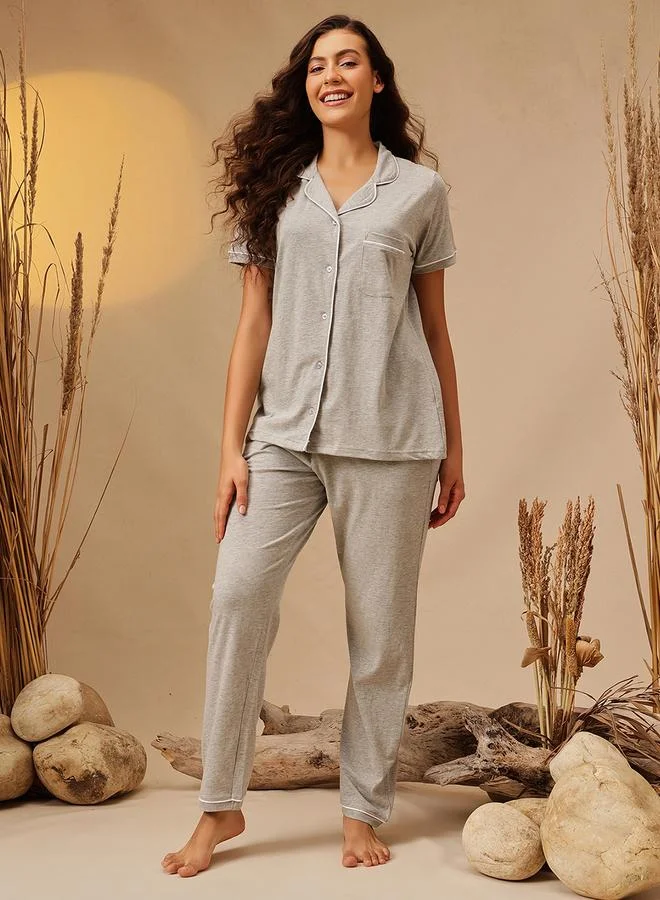 Clovia Grey Solid Cotton Shirt and Pyjama Set