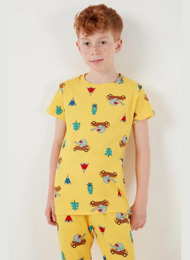 ليلا طقم بيجامة قطنية % بنقشة ليلى برقبة دائرية للأولاد