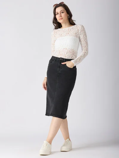 globus Women Stretchable Solid Mid-Rise Back Slit Midi Denim Pencil Skirt