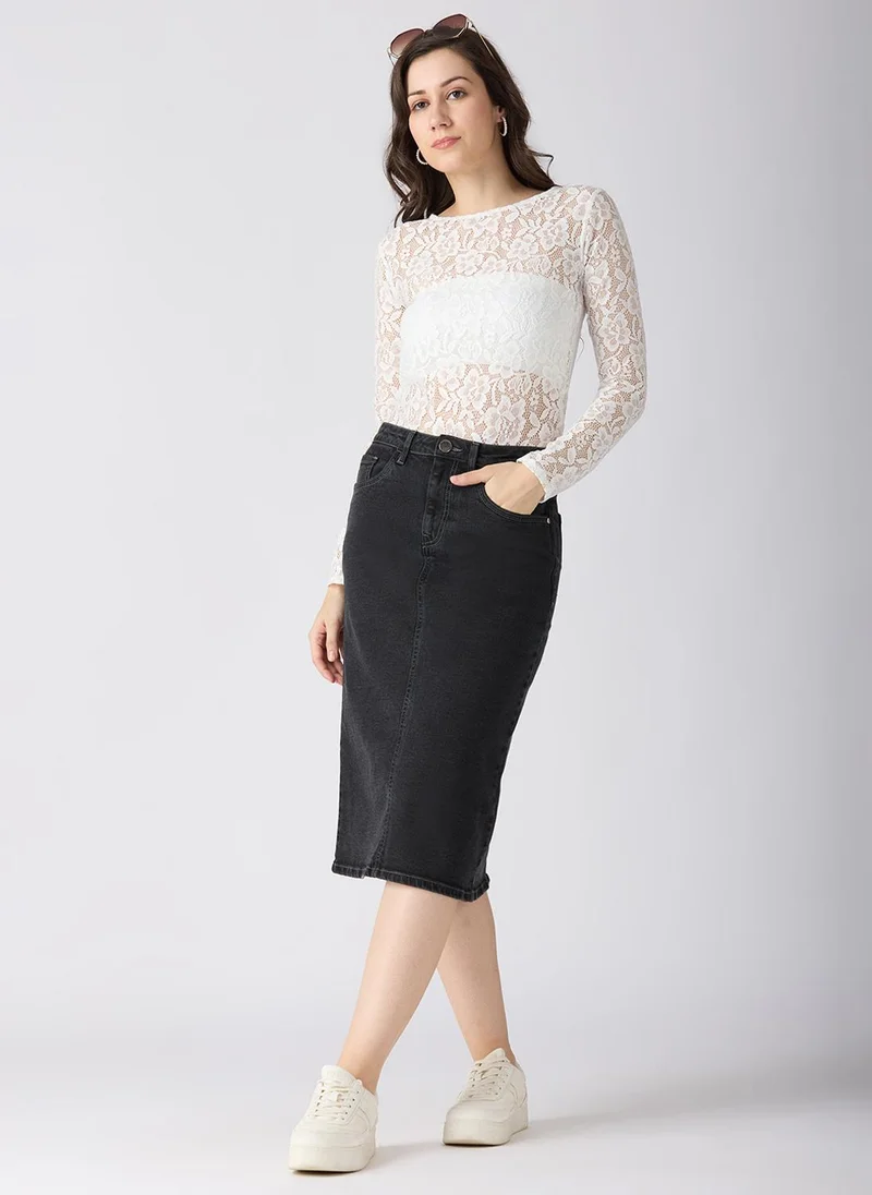 جلو باص جوبس تنورة ميدي جينز نسائية بفتحة خلفية