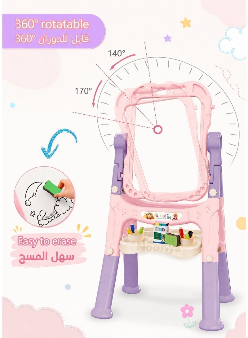 Nooriya Art Easel for Kids, Adjustable Standing Rotatable Double Sided Easel with Painting Accessories for Toddlers Boys and Girls-Pink - Image 5