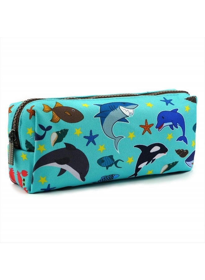 LParkin Sea Life Dolphin Shark Canvas Pencil Case Pen Bag Pouch Stationary Case Makeup Cosmetic Bag Gadget Box - Image 1