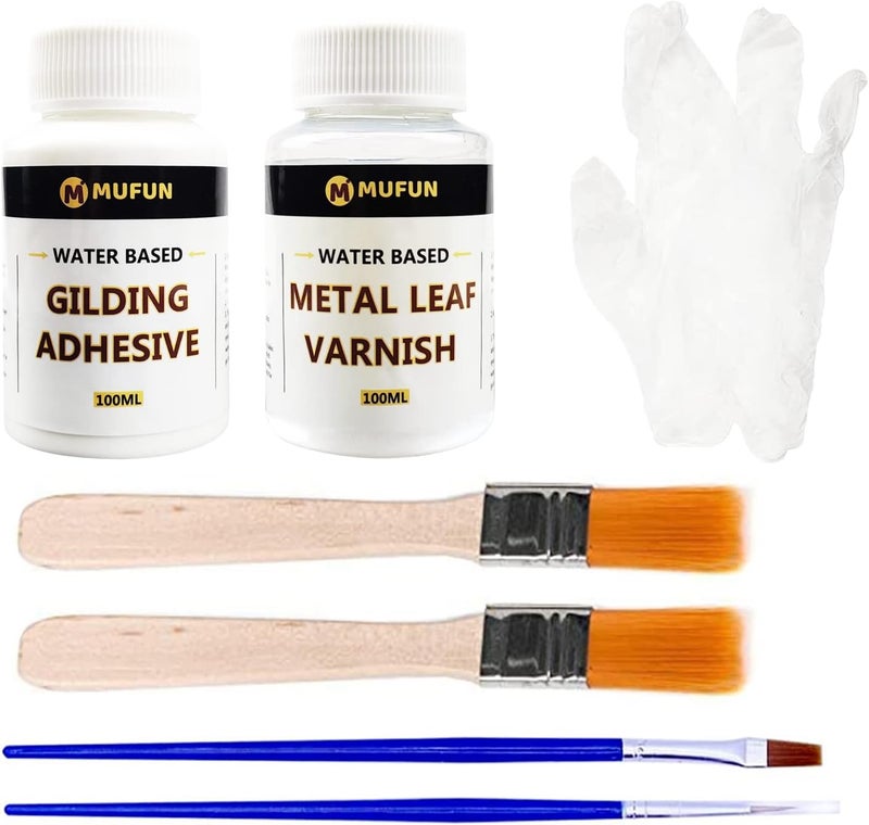 MUFUN MUFUN Gold Leaf Adhesive Kit 100ml Gilding Adhesive 100ml Metal Leaf Varnish 2 Brushes 2 Small Brushes 2 Disposable Gloves WaterBased Clear Craft Art Use  - Image 1