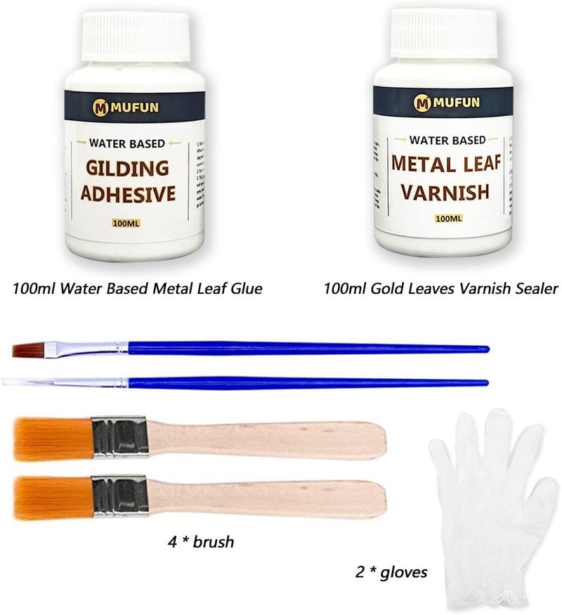 MUFUN MUFUN Gold Leaf Adhesive Kit 100ml Gilding Adhesive 100ml Metal Leaf Varnish 2 Brushes 2 Small Brushes 2 Disposable Gloves WaterBased Clear Craft Art Use  - Image 2