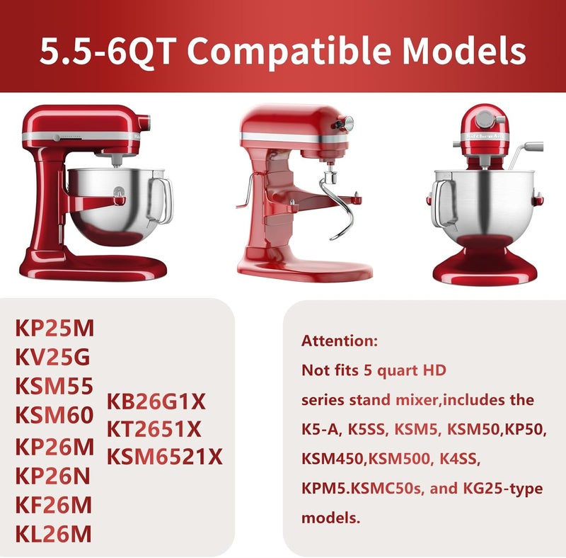 XINCAN مجموعة ملحقات من الفولاذ المقاوم للصدأ مكونة من 3 قطع لخلاط KitchenAid القائم ووعاء سعة 5.5-6 كوارت، آمنة للغسل في غسالة الأطباق (مضرب مسطح 5.5-6 كوارت، خطاف عجن 6 كوارت، ملحق خفق سلكي 6 أسلاك KN256) - Image 4