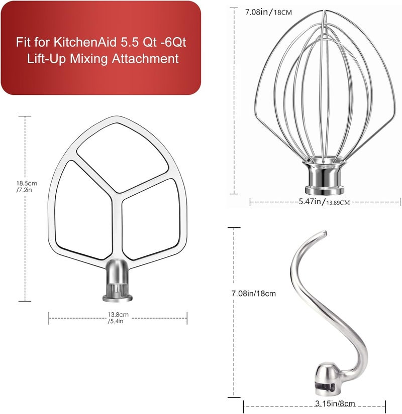 XINCAN مجموعة ملحقات من الفولاذ المقاوم للصدأ مكونة من 3 قطع لخلاط KitchenAid القائم ووعاء سعة 5.5-6 كوارت، آمنة للغسل في غسالة الأطباق (مضرب مسطح 5.5-6 كوارت، خطاف عجن 6 كوارت، ملحق خفق سلكي 6 أسلاك KN256) - Image 3