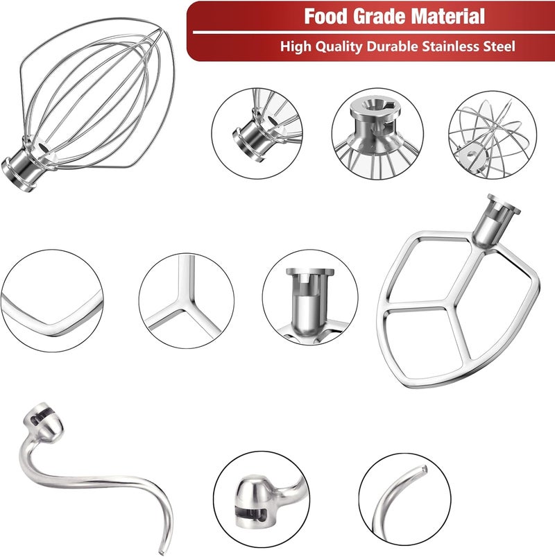 XINCAN مجموعة ملحقات من الفولاذ المقاوم للصدأ مكونة من 3 قطع لخلاط KitchenAid القائم ووعاء سعة 5.5-6 كوارت، آمنة للغسل في غسالة الأطباق (مضرب مسطح 5.5-6 كوارت، خطاف عجن 6 كوارت، ملحق خفق سلكي 6 أسلاك KN256) - Image 2