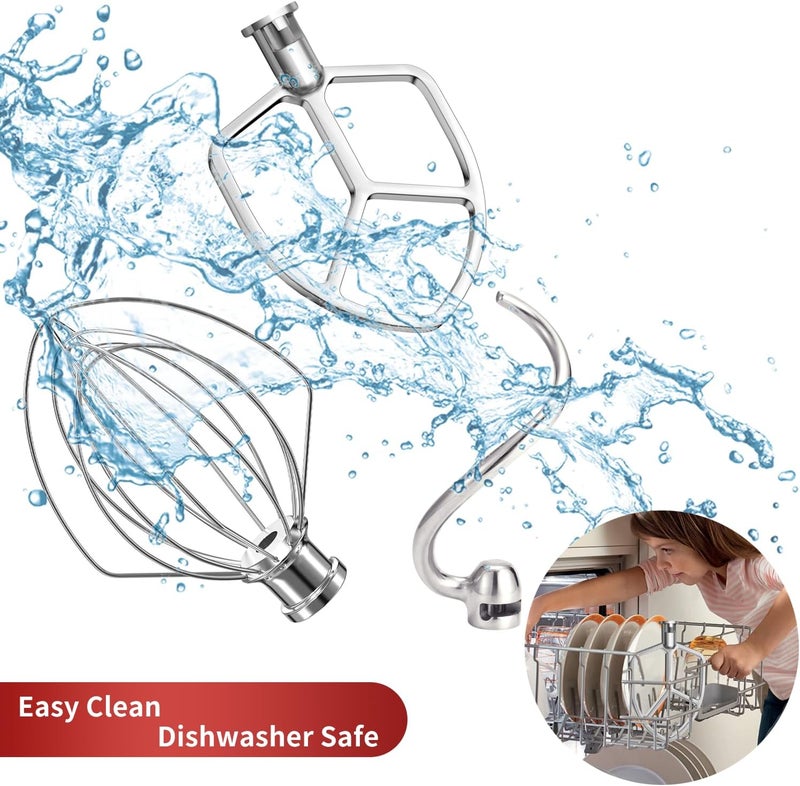 XINCAN مجموعة ملحقات من الفولاذ المقاوم للصدأ مكونة من 3 قطع لخلاط KitchenAid القائم ووعاء سعة 5.5-6 كوارت، آمنة للغسل في غسالة الأطباق (مضرب مسطح 5.5-6 كوارت، خطاف عجن 6 كوارت، ملحق خفق سلكي 6 أسلاك KN256) - Image 5
