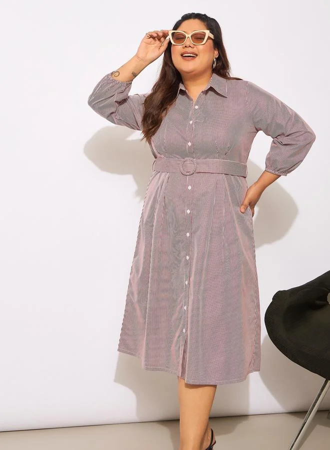SASSAFRAS Plus Size Pinstripes Belted Midi Shirt Dress