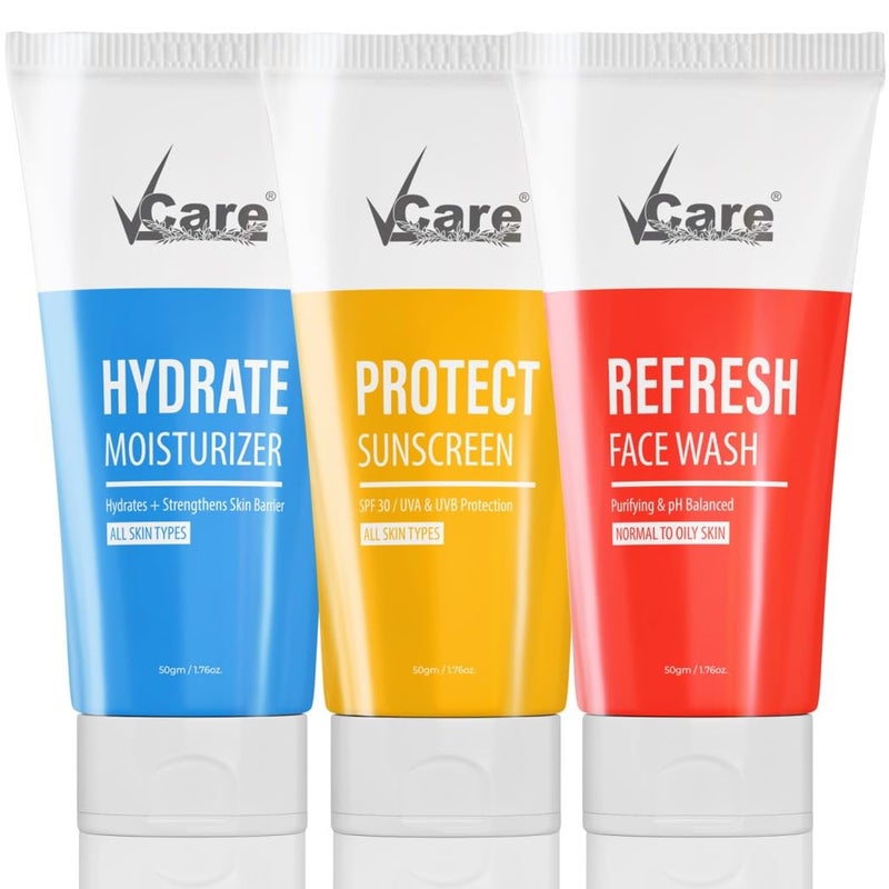 VCare مجموعة فرك الوجه المرطب 3 في 1 من Vcare مع واقي الشمس SPF 30 لحماية البشرة العادية إلى الدهنية 50 جرام - Image 1