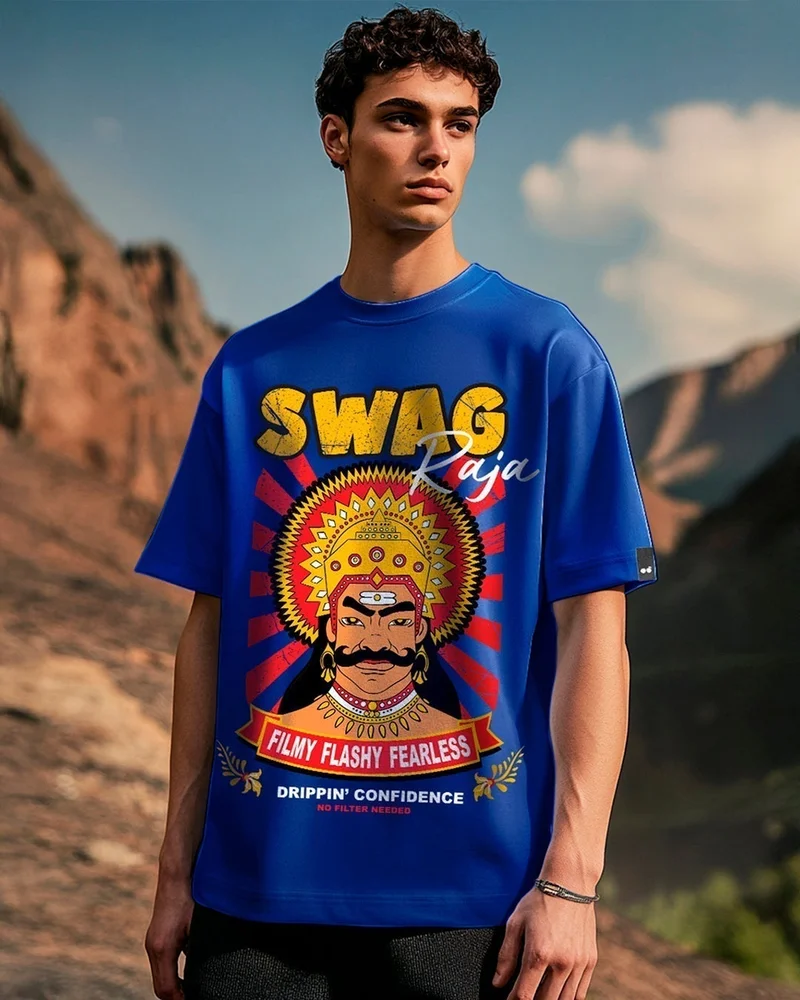 bewakoof Men's Blue Swag Raja Graphic Printed Oversized T-shirt