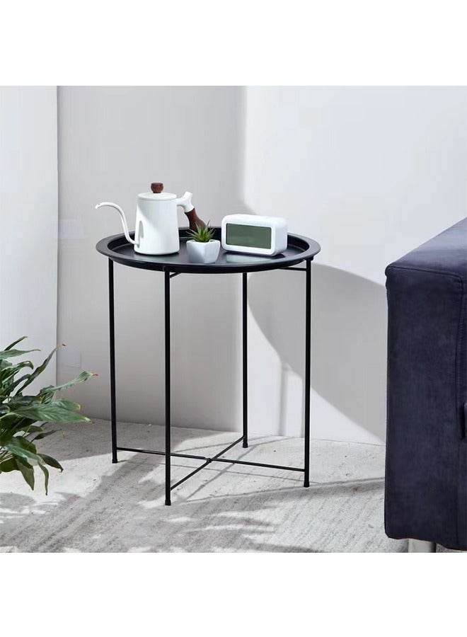 Nordic Folding Coffee Table Bedroom Bedside Table Living Room Wrought Iron Sofa Side Table Balcony Creative Mini Simple Small Round Table Black - Image 4
