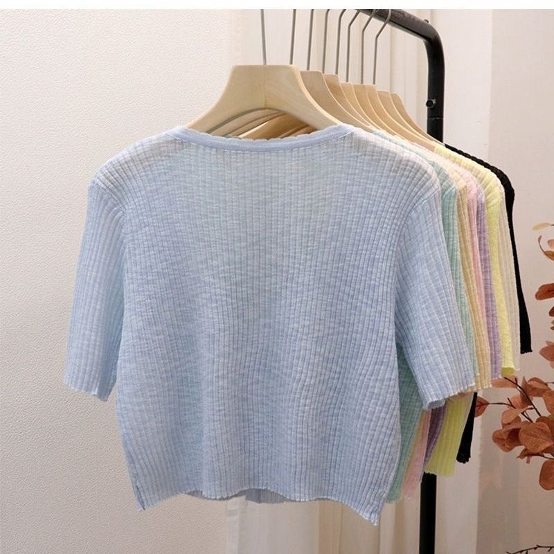 V-neck short sleeve Ice Silk thin sweater cardigan top womens summer small outer sunscreen air conditioning shirt shawl blouse Green - Image 5