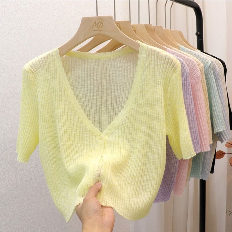 V-neck short sleeve Ice Silk thin sweater cardigan top womens summer small outer sunscreen air conditioning shirt shawl blouse Green - Image 3