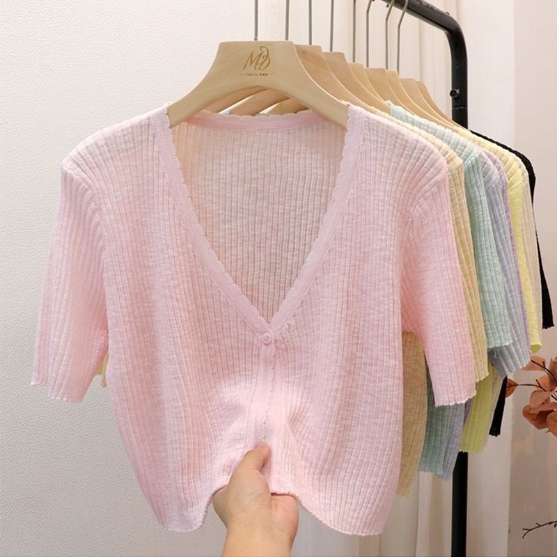 V-neck short sleeve Ice Silk thin sweater cardigan top womens summer small outer sunscreen air conditioning shirt shawl blouse Green - Image 2