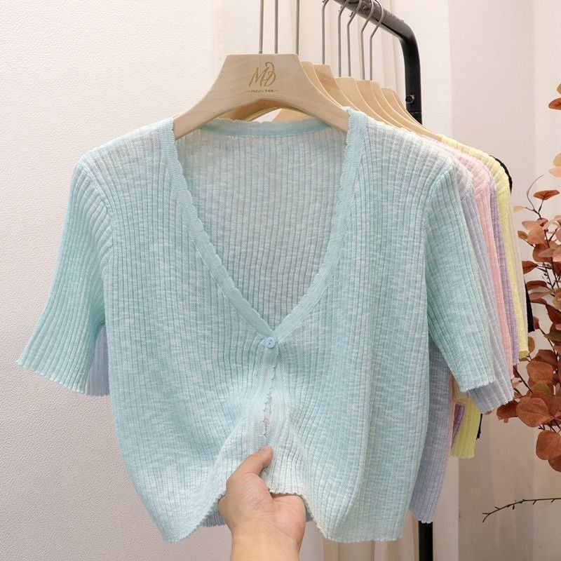 V-neck short sleeve Ice Silk thin sweater cardigan top womens summer small outer sunscreen air conditioning shirt shawl blouse Green - Image 1