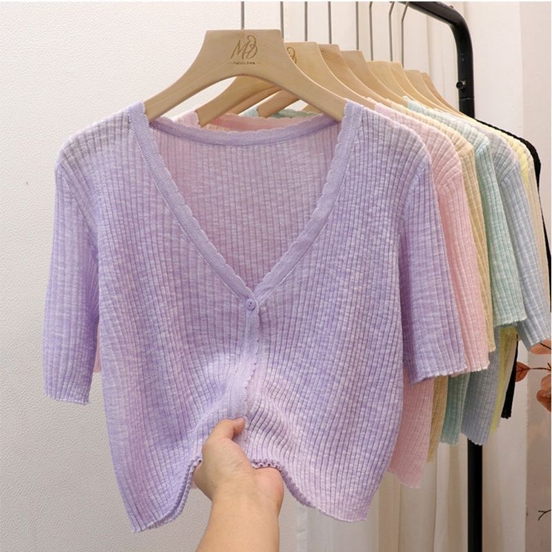 V-neck short sleeve Ice Silk thin sweater cardigan top womens summer small outer sunscreen air conditioning shirt shawl blouse Green - Image 4