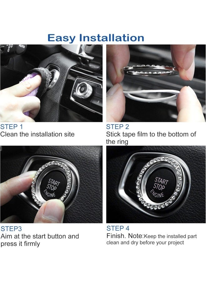 4 قطع ملصق ديكوري لزر تشغيل السيارة - حلقة من أحجار الراين الكريستالية لتزيين السيارة - ملصق شعار السيارة بديكور لامع - زر التشغيل بالضغط - مفتاح تشغيل الإشعال (فضي) - Image 4