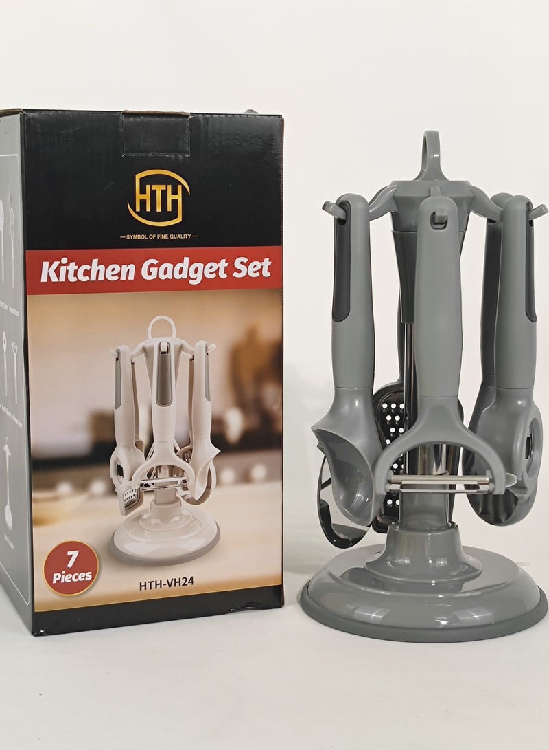 HTH 7 Pieces Multipurpose kitchen Gadgets Set Durable Stainless Steel Peeler Mincer ABS Material Ergonomic Handle Bottle Opener Pizza Cutter Vegetables and Fruits Grater Scoop Spoon for Ice Cream Multifunction Kitchen Tools with Storage Stand  - Image 1