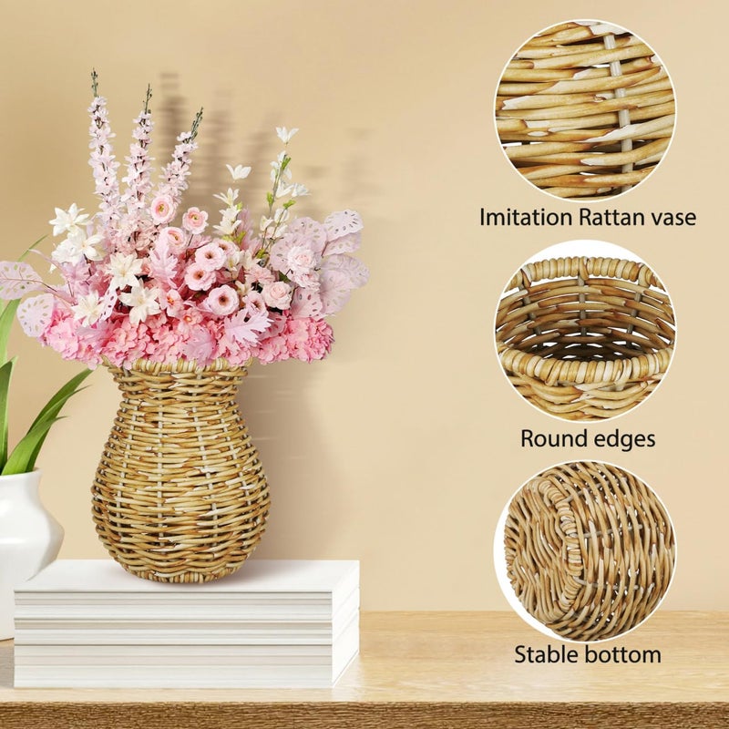 Cabilock Woven Rattan Flower Vase, Rustic Imitation Wicker Decorative Vases, Boho Dried Flower Arranger for Home Tabletop Balcony Office Decoration - Image 2