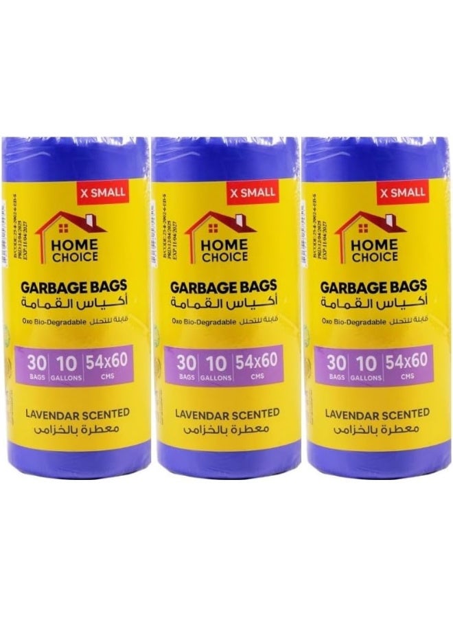 HOME CHOICE 10 جالون من أكياس القمامة المعطرة - لافندر، عبوة من 90 قطعة، الحجم 54*60 سم، (عبوة من 30 كيس قمامة × 3 لفات معطرة)، أكياس قمامة قابلة للتحلل الحيوي، بطانات سلة المهملات - Image 1