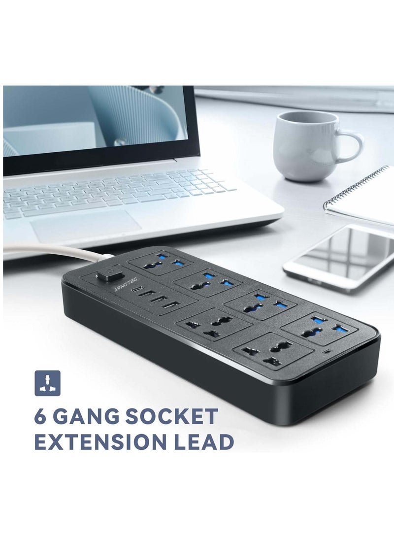 ARNOTEC Power Strip Extension Lead with USB C, 6 AC Outlets 3 USB Ports 1 Type-C, 1.8M Cable, Universal Socket, Surge Protection, Child Safety Cover, 2500W, UK Plug  - Image 2