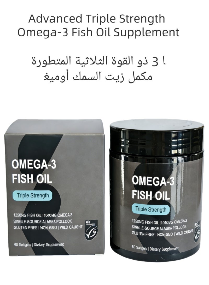 SPORTS RESEARCH Omega-3, Triple Strength, 1250 mg, Made with Alaskaomega, with Triglycerides EPA and DHA | Supporting the heart, brain and joints | IFOS Certified 5 Star, Non-GMO & Gluten Free - 90 Softgels - Image 1