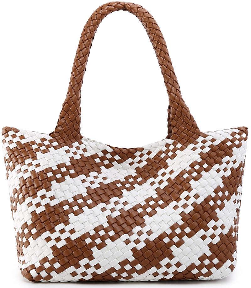 Queenoris Woven Bag for Women Fashion Top Handle Shoulder Bag Vegan Leather Shopper Bag Large Travel Tote Bag BrownWhite