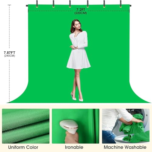 Surprizo Green Screen Backdrop with Stand, 8x7.2ft Portable Greenscreen Background with Stand, T-Shape Green Screen Stand kit with 6 Spring Clamps, Sandbag, Carry Bag for Zoom, Video - Image 3